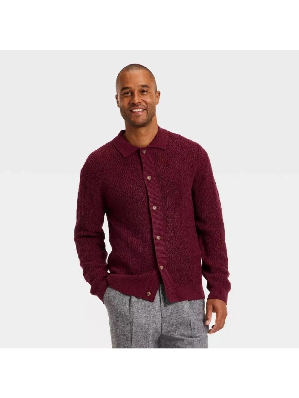 Goodfellow Men's Cardigan Sweater Size Small Pale Red Burgundy Diamond Knit